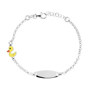 Bracciale Bimbo Bimba Catena Rolo con Targa Ovale e Paperella con Smalto Giallo in ARGENTO 925 Galvanica Rodio