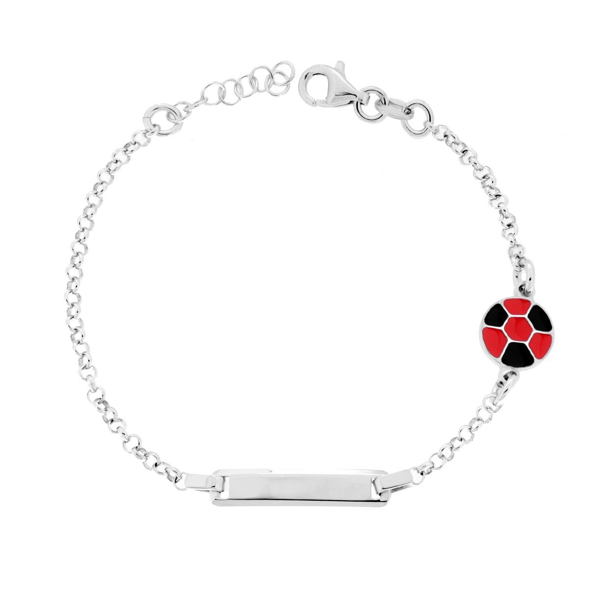 Bracciale Bimbo Bimba Catena Rolo con Targa Rettangolare e Palla Calcio con Smalto Rosso e Nero in ARGENTO 925 Galvanica Rodio