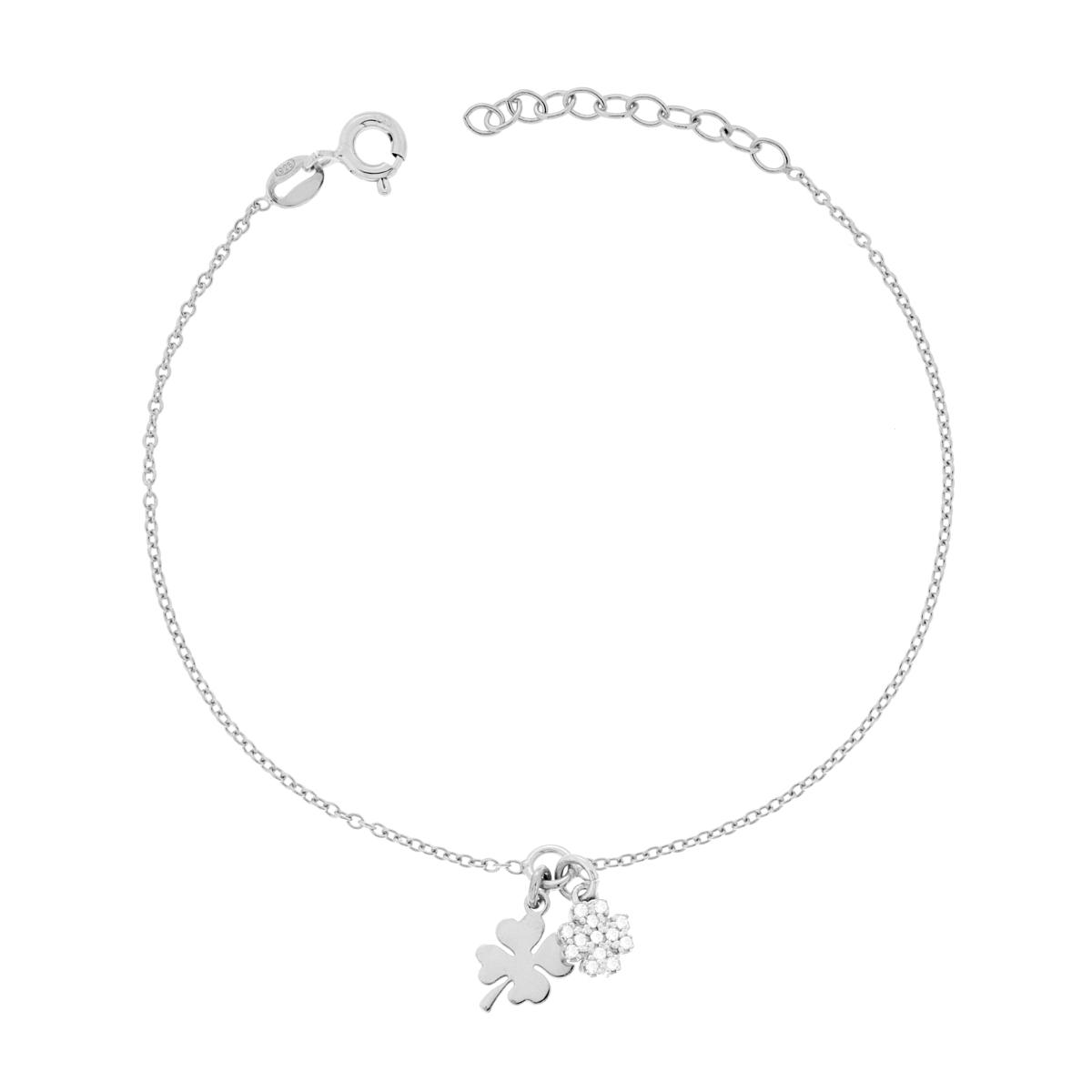 Bracciale Catena Forzatina Diamantata con Quadrifogli e Cubic Zirconia Bianchi in ARGENTO 925 Galvanica Rodio