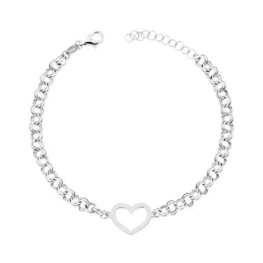 Bracciale Catena Forzatina Tonda doppia con Cuore Plain in ARGENTO 925 Galvanica Rodio