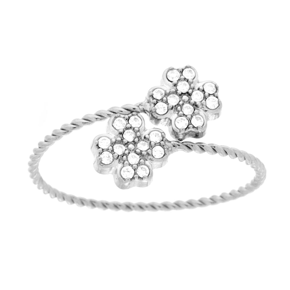 Anello Contrarie Quadrifogli con Crystal Bianchi in ACCIAIO