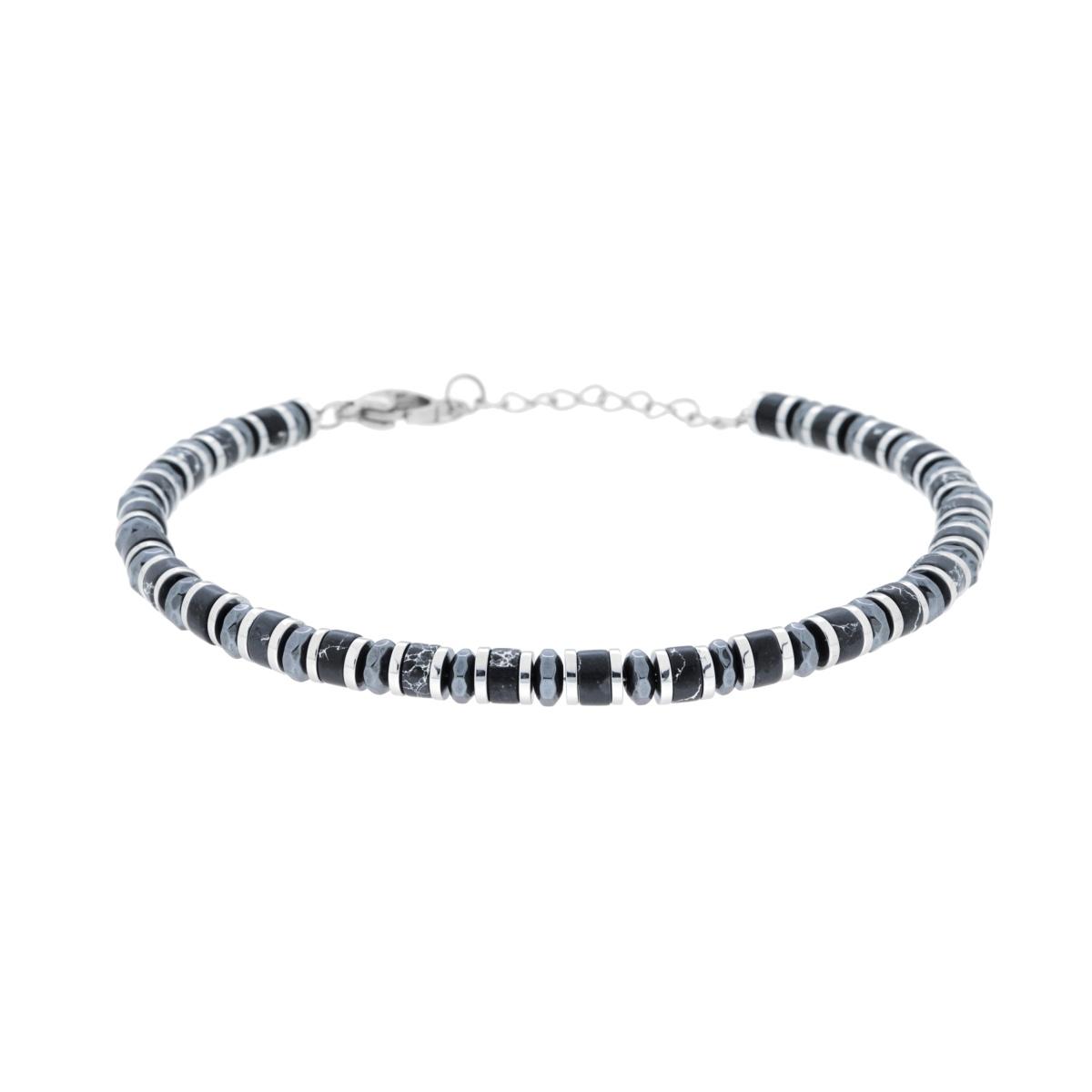 Bracciale Catena con Anelli e Cilindretti Pietre Nero Onice in ACCIAIO
