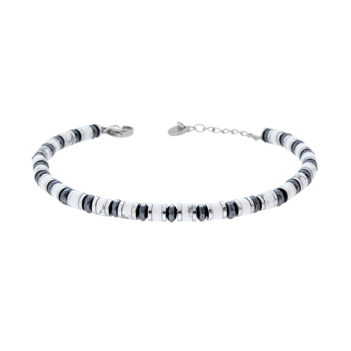 Bracciale Catena con Anelli e Cilindretti Pietre Bianco Howlite in ACCIAIO