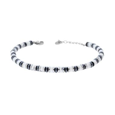 Bracciale Catena con Anelli e Cilindretti Pietre Bianco Howlite in ACCIAIO