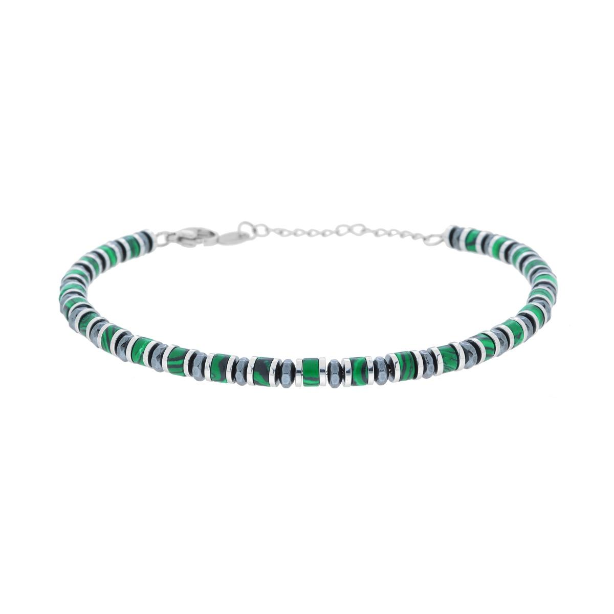 Bracciale Catena con Anelli e Cilindretti Pietre Verde Malachite in ACCIAIO