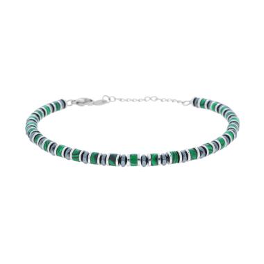Bracciale Catena con Anelli e Cilindretti Pietre Verde Malachite in ACCIAIO