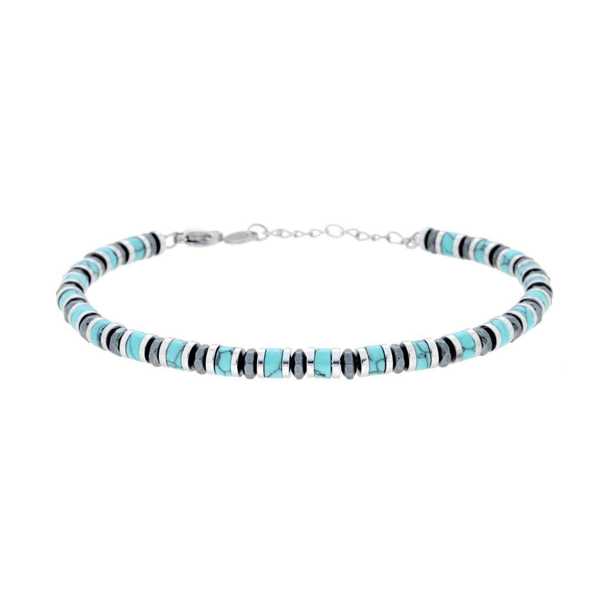 Bracciale Catena con Anelli e Cilindretti Pietre Turchese in ACCIAIO