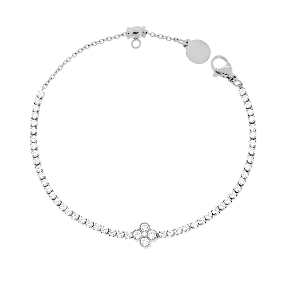 Bracciale Tennis con Quadrifoglio centrale e Crystal Bianchi cm 17+2 in ACCIAIO