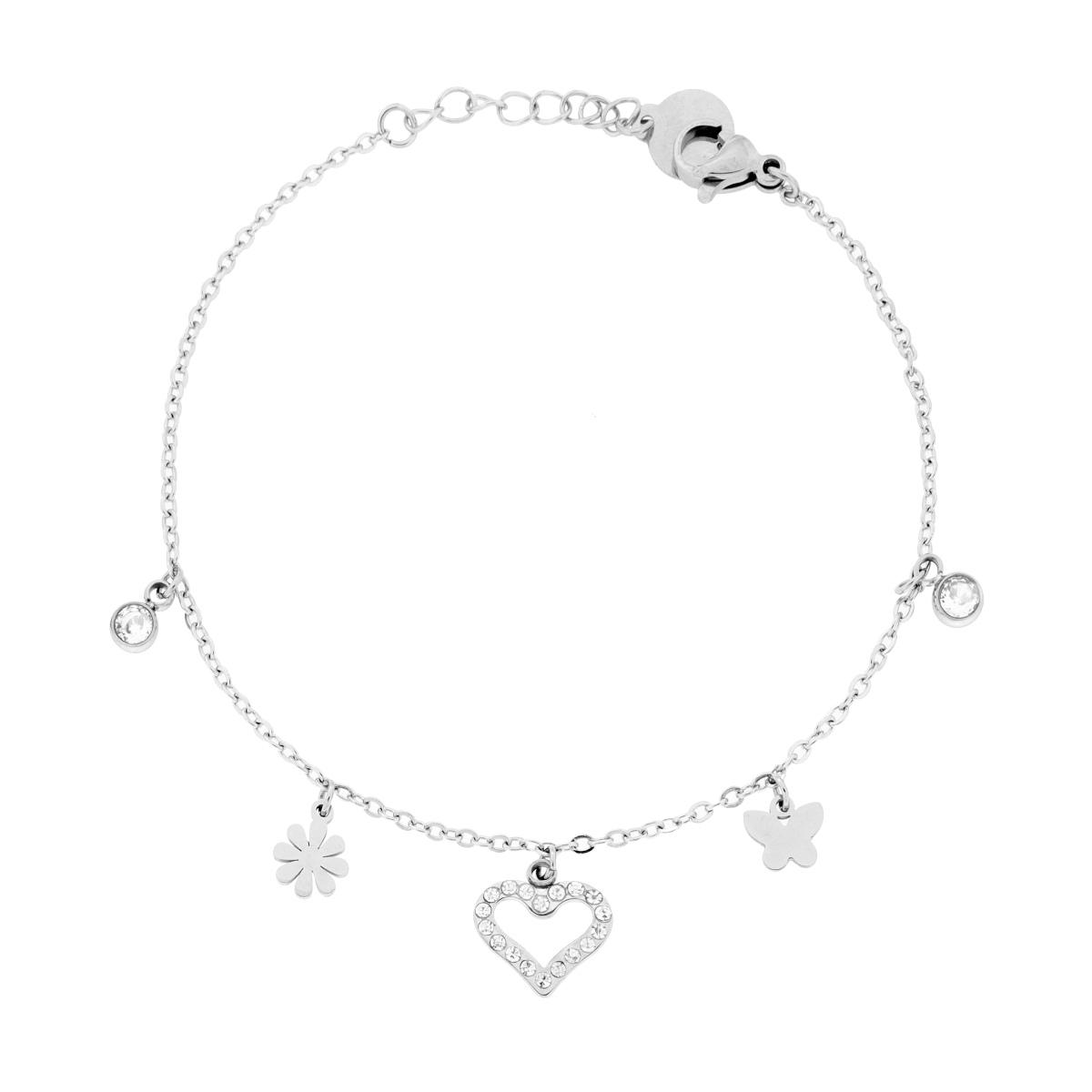 Bracciale Catena Forzatina Diamantata con Farfalla e Fiore e Cuore con Crystal Bianchi in ACCIAIO