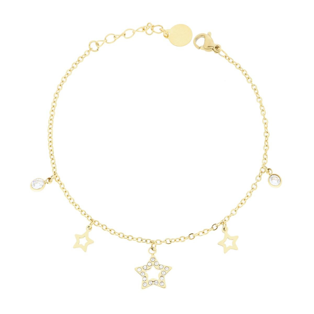Bracciale Catena Forzatina Diamantata con Stelle e Crystal Bianchi in ACCIAIO colore Oro