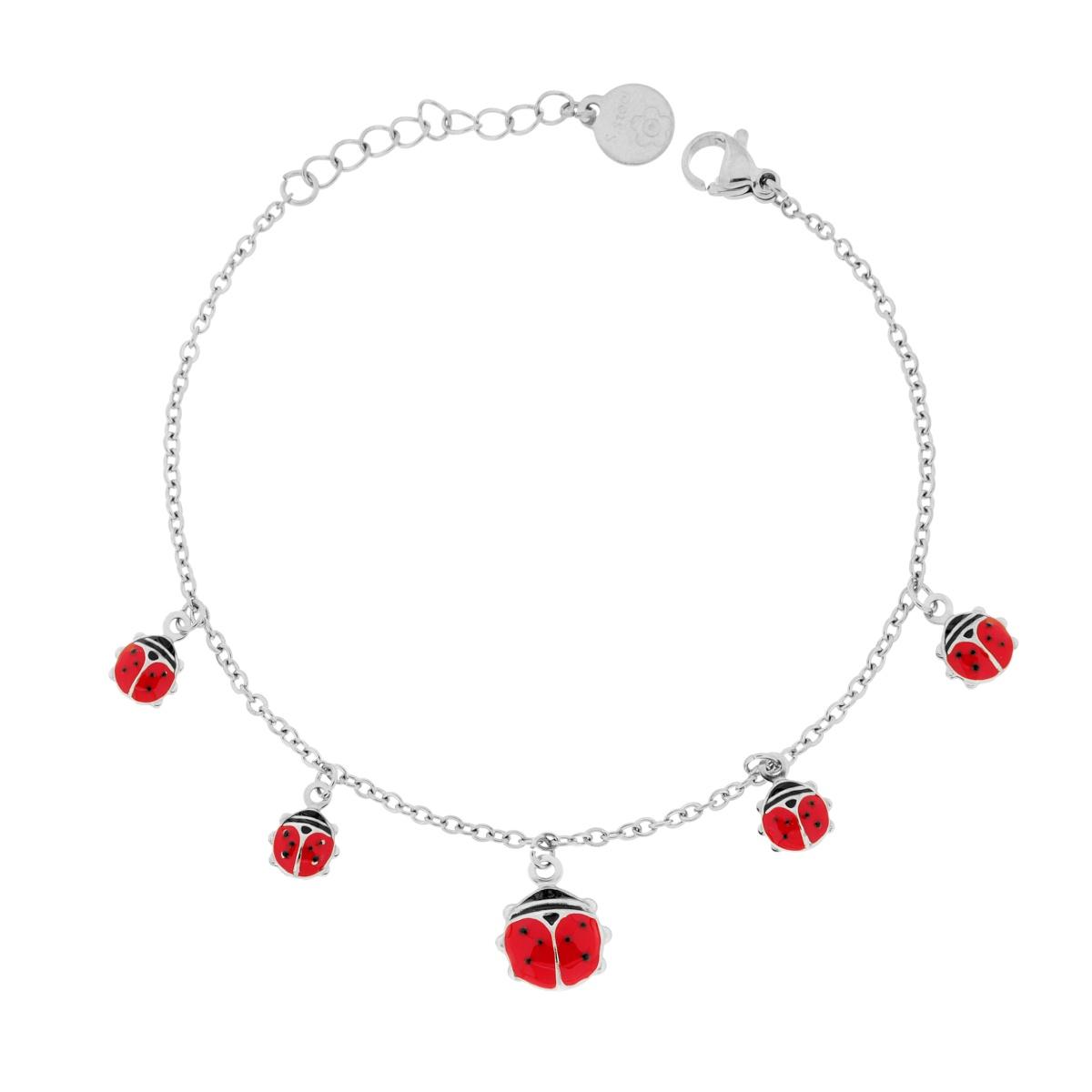 Bracciale Catena Forzatina Diamantata con Coccinelle Smalto Rosso e Nero pendenti in ACCIAIO