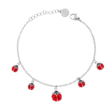 Bracciale Catena Forzatina Diamantata con Coccinelle Smalto Rosso e Nero pendenti in ACCIAIO