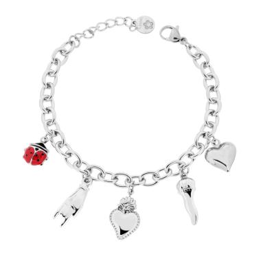 Bracciale Catena Forzatina con Charms Portafortuna pendenti Cuore Votivo e Mano Corna Corno Cuore Coccinella con Smalto Rosso in ACCIAIO