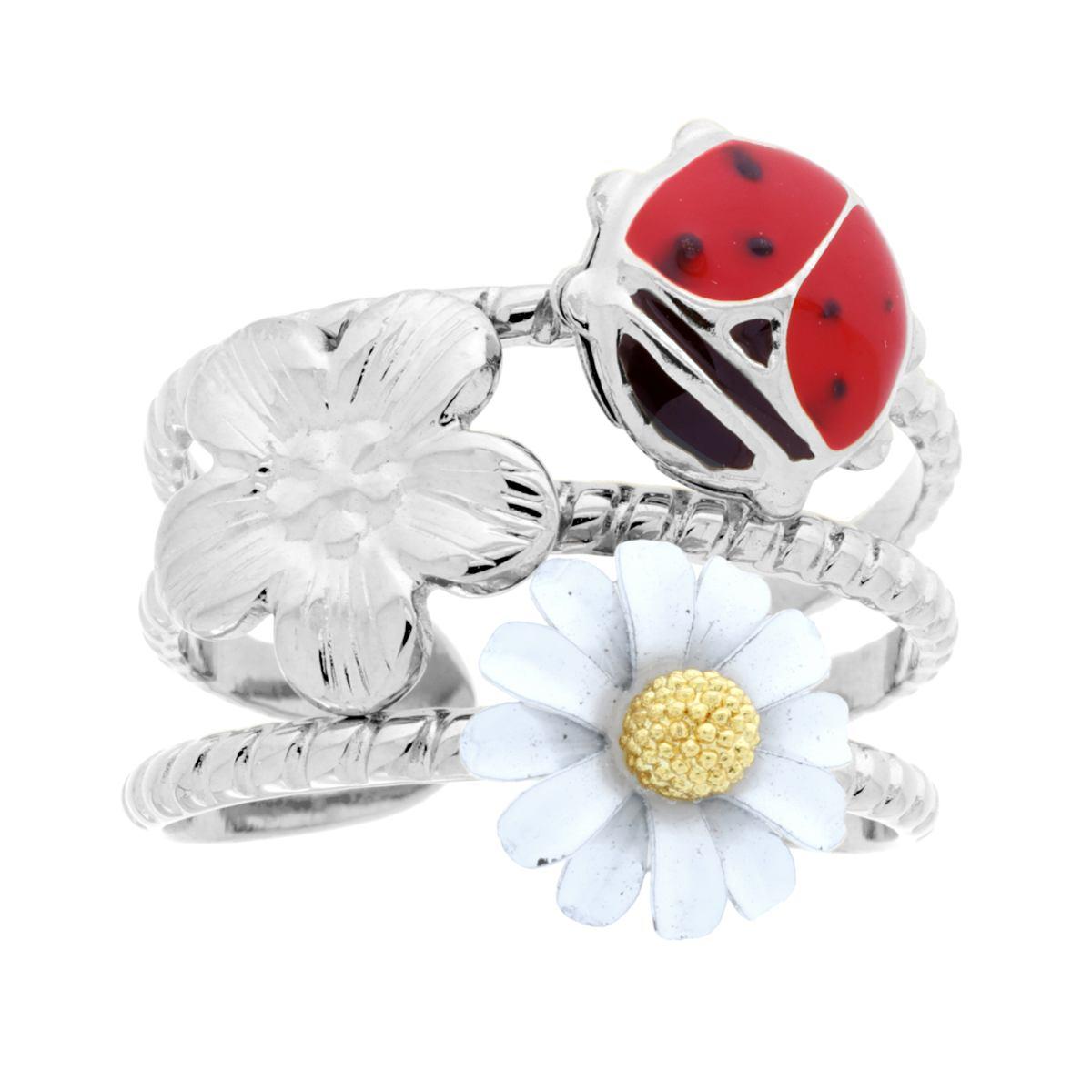 Anello Fascia filo Torchon con Coccinella Smalto Rosso Fiore Smalto Bianco in ACCIAIO
