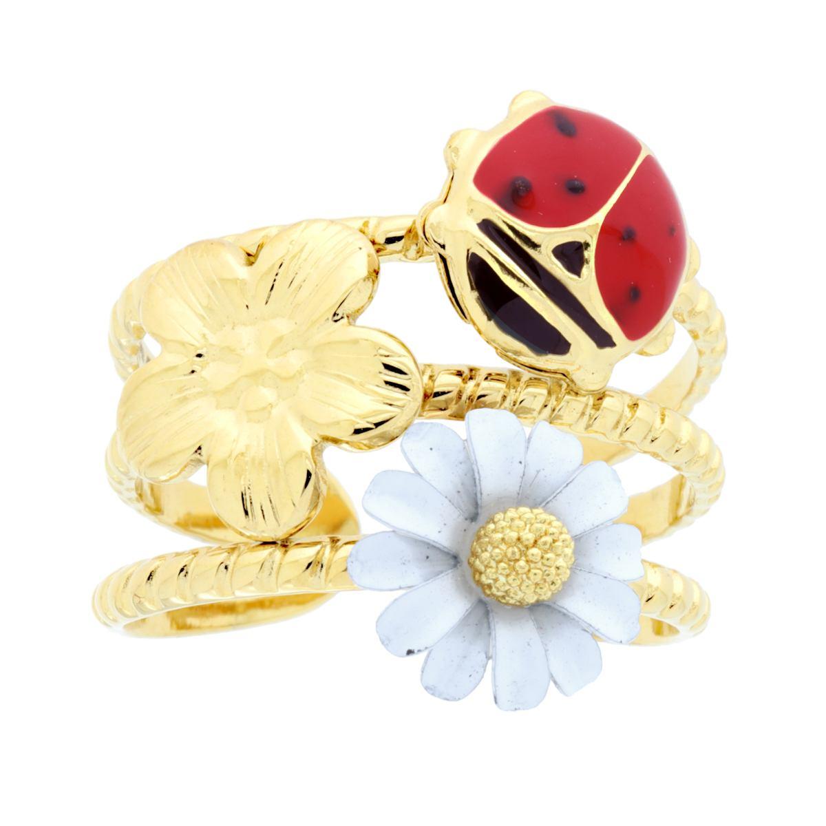 Anello Fascia filo Torchon con Coccinella Smalto Rosso Fiore Smalto Bianco in ACCIAIO colore Oro