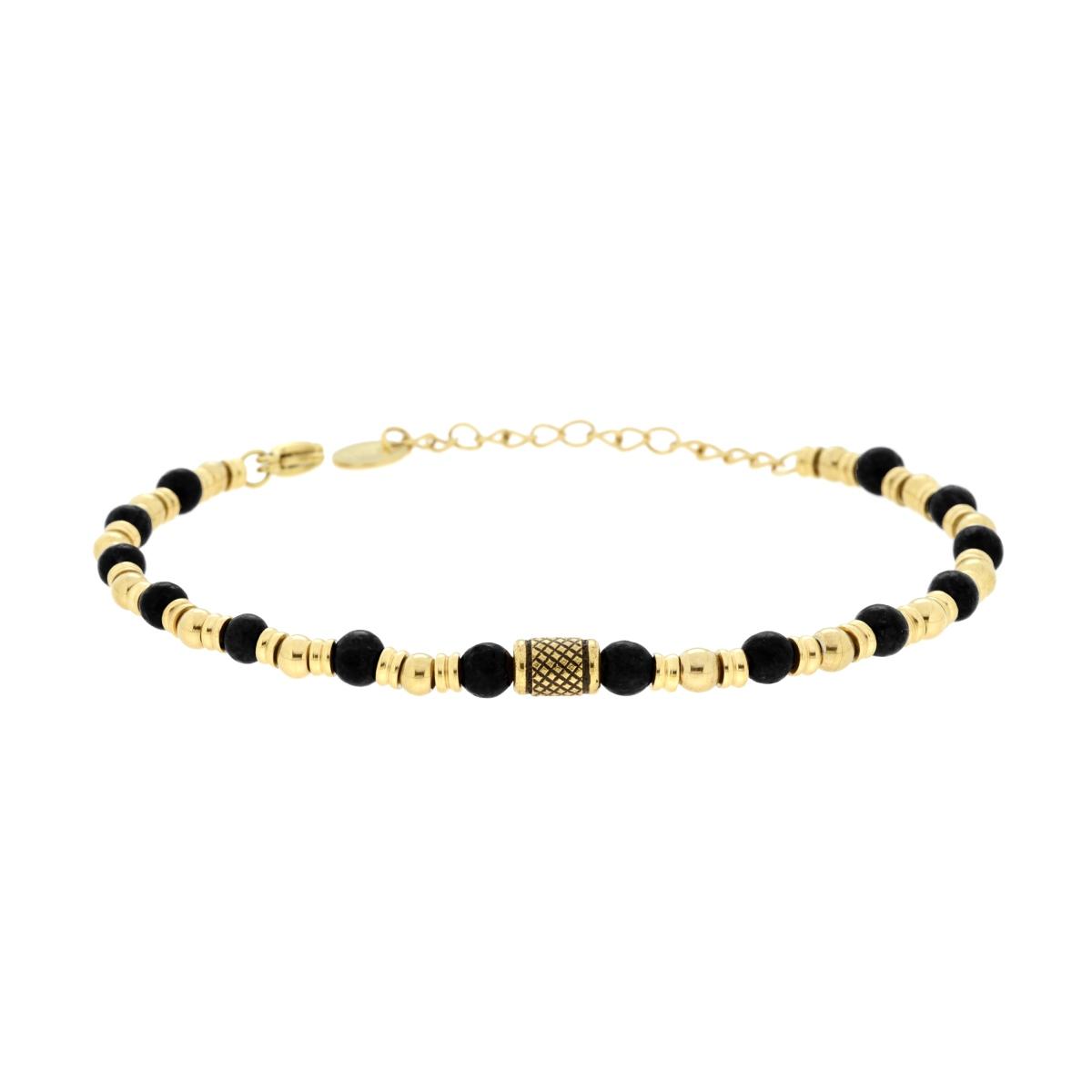 Bracciale Catena con Pietre Naturali Nere Palline e Accessori in ACCIAIO colore Oro
