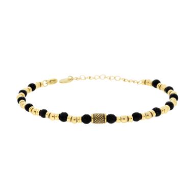 Bracciale Catena con Pietre Naturali Nere Palline e Accessori in ACCIAIO colore Oro