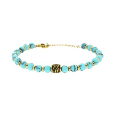 Bracciale Catena con Pietre Naturali Turchese Palline e Accessori in ACCIAIO colore Oro