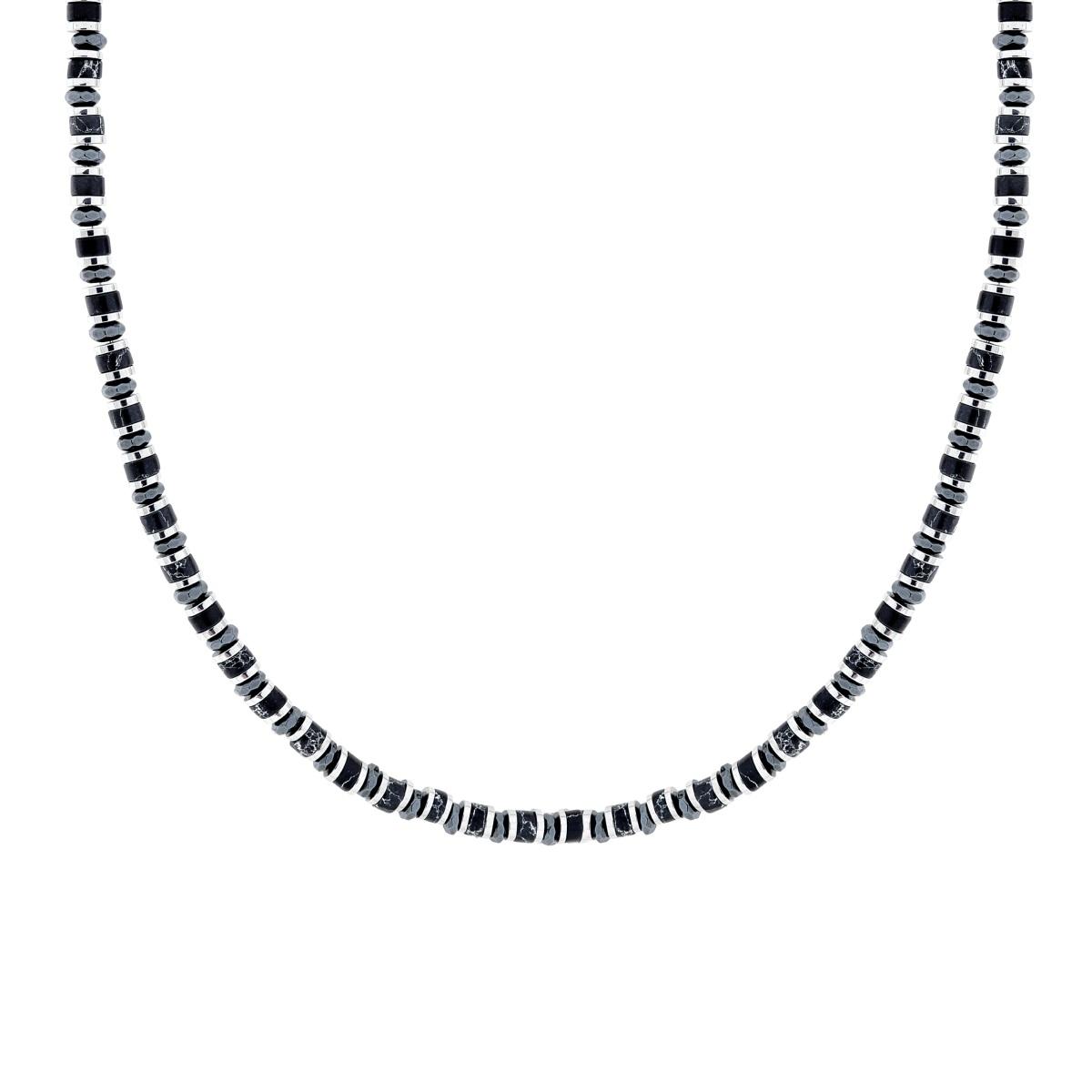 Collana Catena con Anelli e Cilindretti Pietre Nero Onice in ACCIAIO