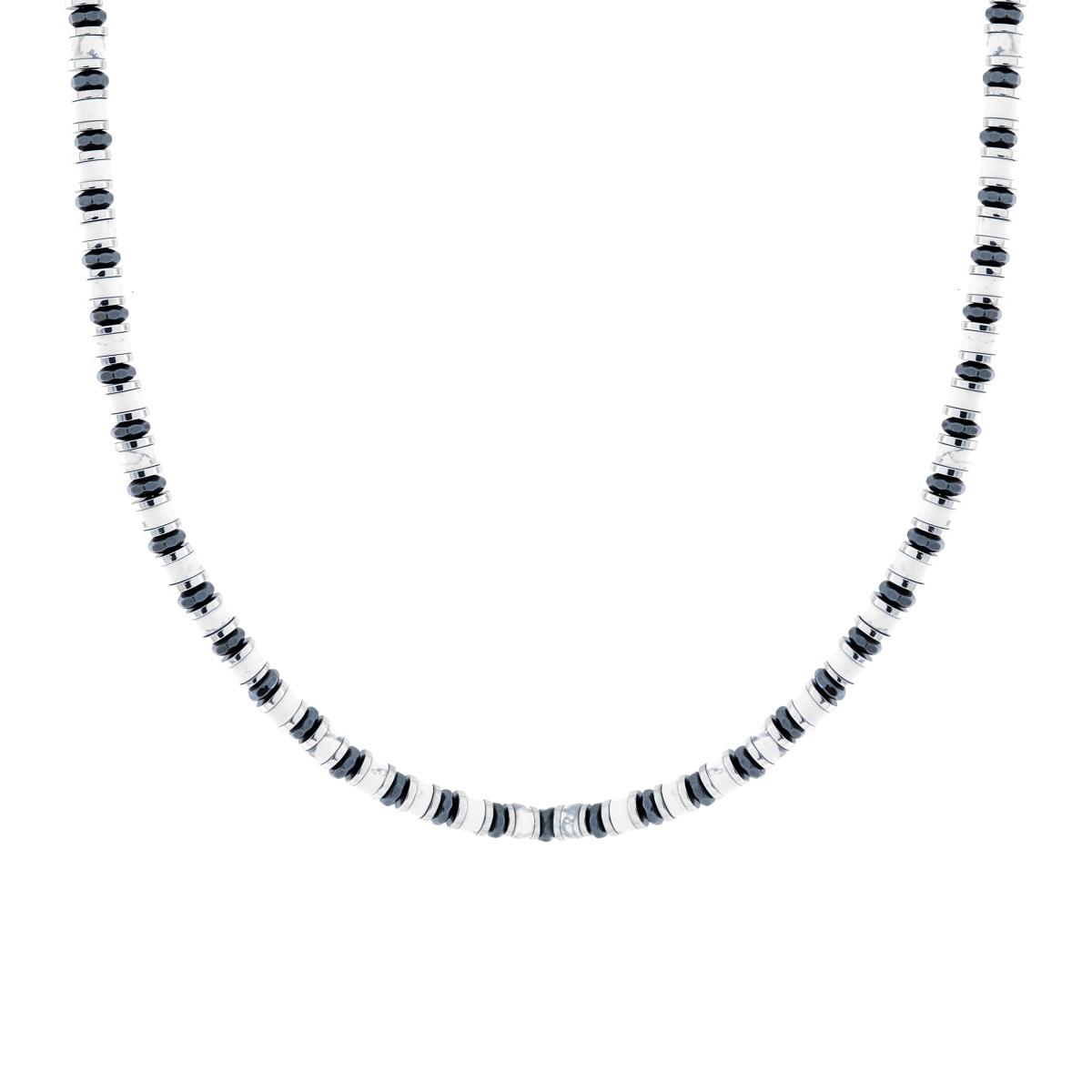 Collana Catena con Anelli e Cilindretti Pietre Bianco Howlite in ACCIAIO