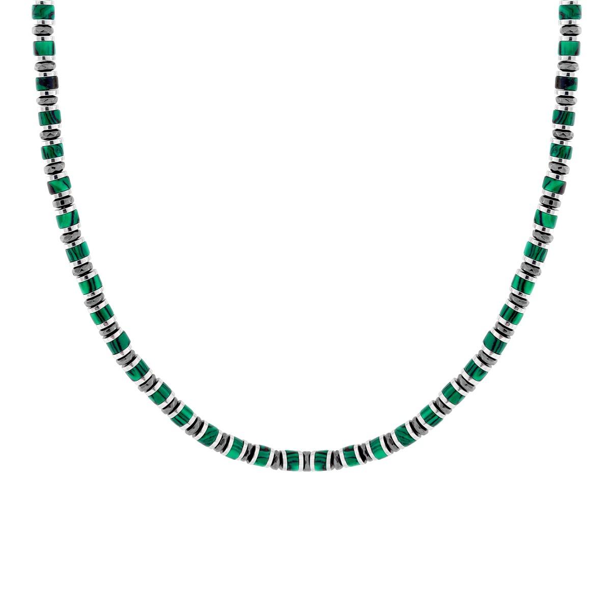 Collana Catena con Anelli e Cilindretti Pietre Verde Malachite in ACCIAIO