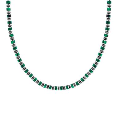 Collana Catena con Anelli e Cilindretti Pietre Verde Malachite in ACCIAIO