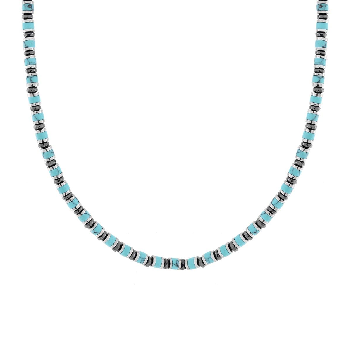 Collana Catena con Anelli e Cilindretti Pietre Turchese in ACCIAIO