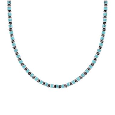 Collana Catena con Anelli e Cilindretti Pietre Turchese in ACCIAIO