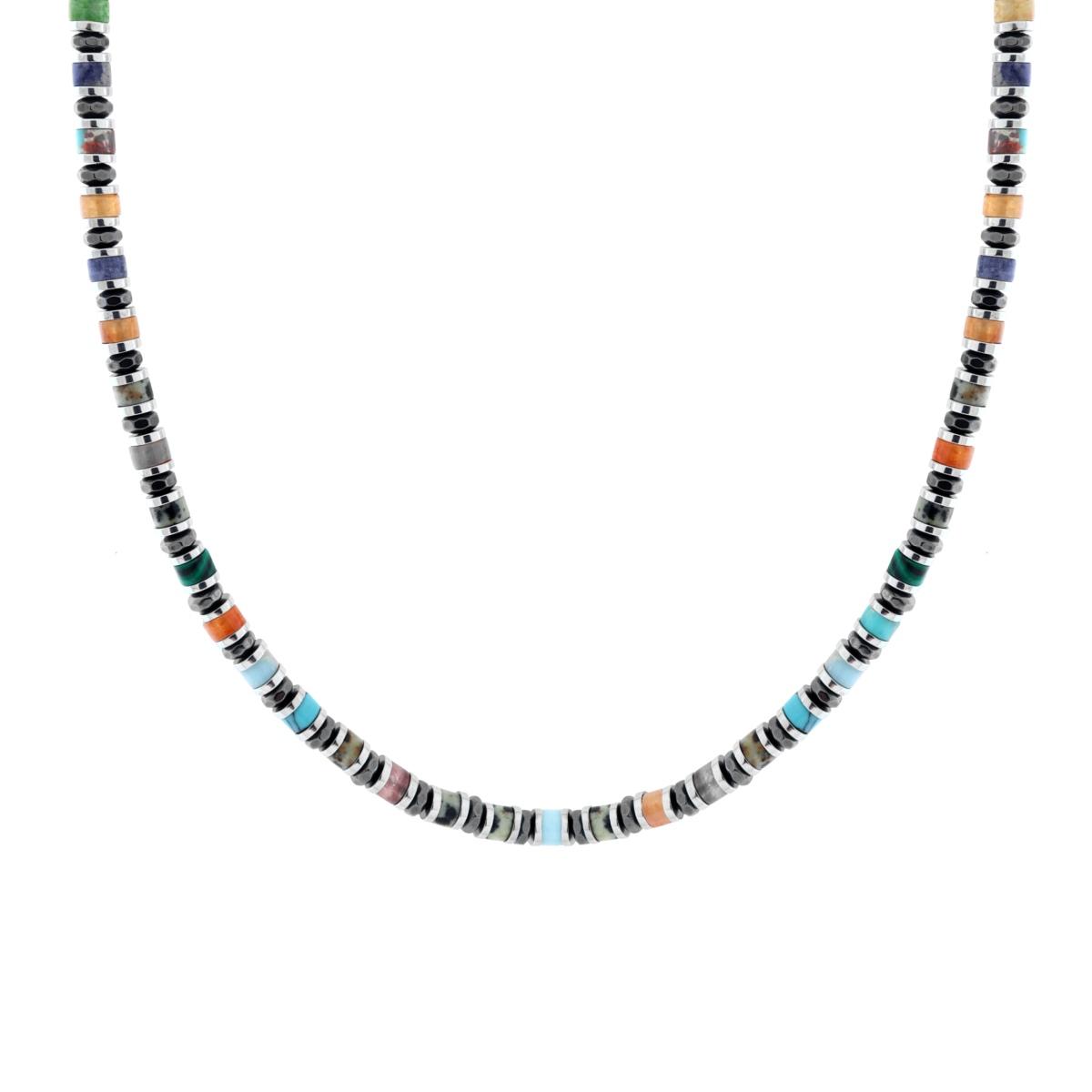 Collana Catena con Anelli e Cilindretti Pietre Multicolor in ACCIAIO