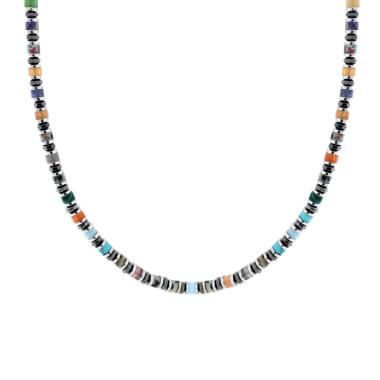 Collana Catena con Anelli e Cilindretti Pietre Multicolor in ACCIAIO