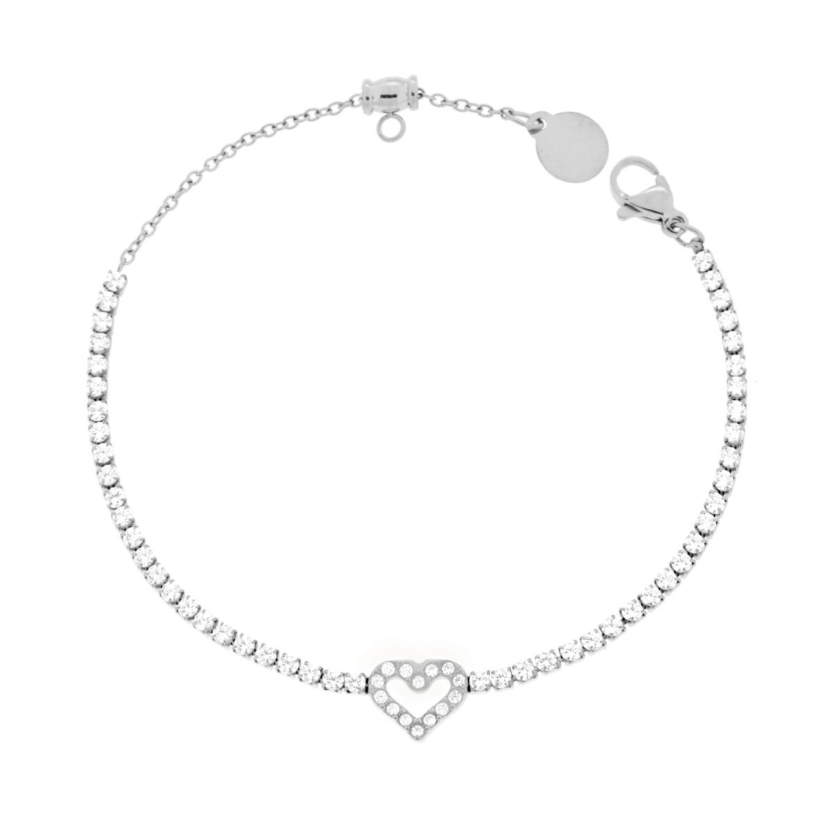 Bracciale Tennis con Cuore centrale e Crystal Bianchi cm 17+2 in ACCIAIO