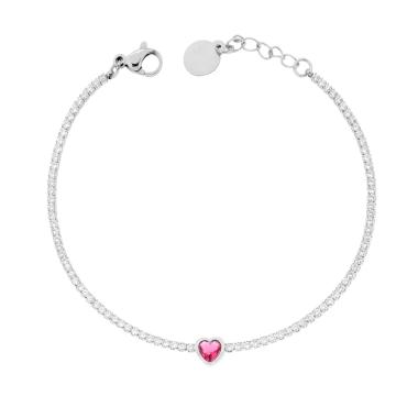Bracciale Tennis con Cuore centrale Rosso Rubino e Crystal Bianchi cm 17+3 in ACCIAIO