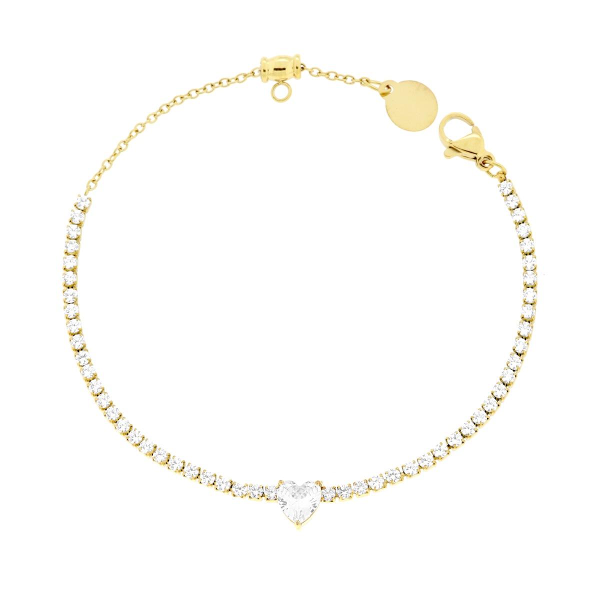 Bracciale Tennis con Cuore e Crystal Bianchi cm 17+2 in ACCIAIO colore Oro