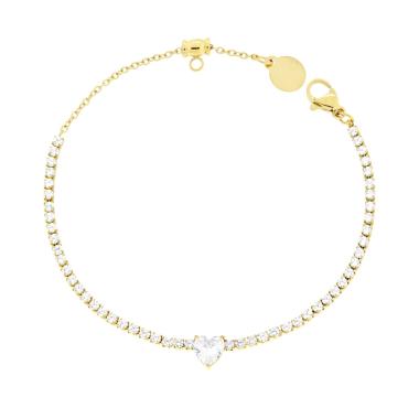 Bracciale Tennis con Cuore e Crystal Bianchi cm 17+2 in ACCIAIO colore Oro