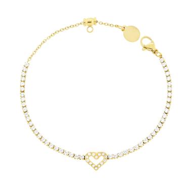 Bracciale Tennis con Cuore centrale e Crystal Bianchi cm 17+2 in ACCIAIO colore Oro