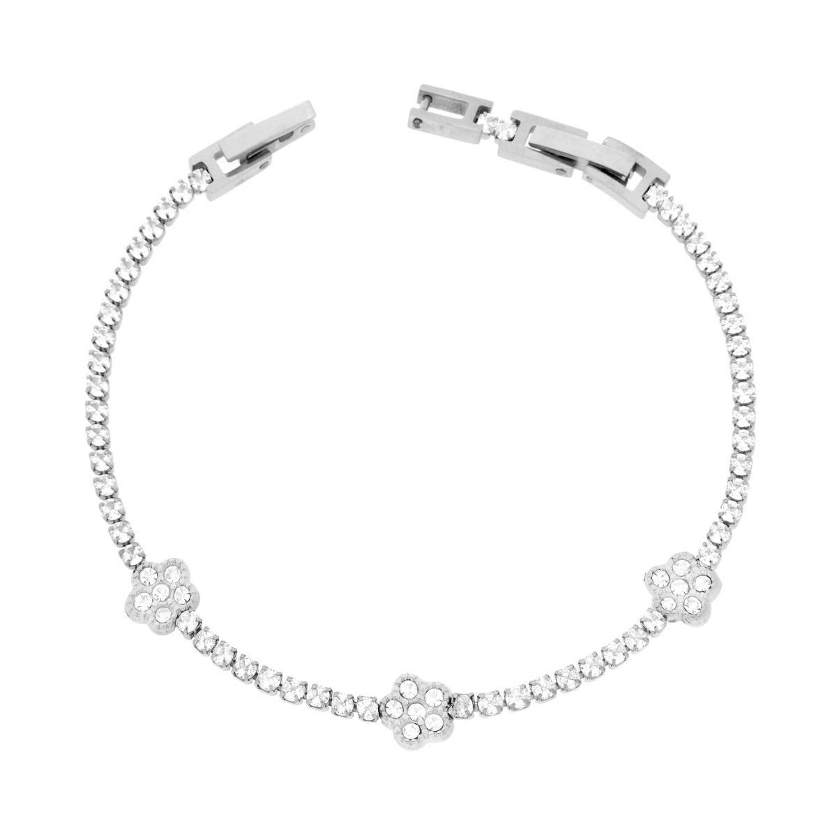 Bracciale Tennis con Fiori e Crystal Bianchi cm 17+2 in ACCIAIO