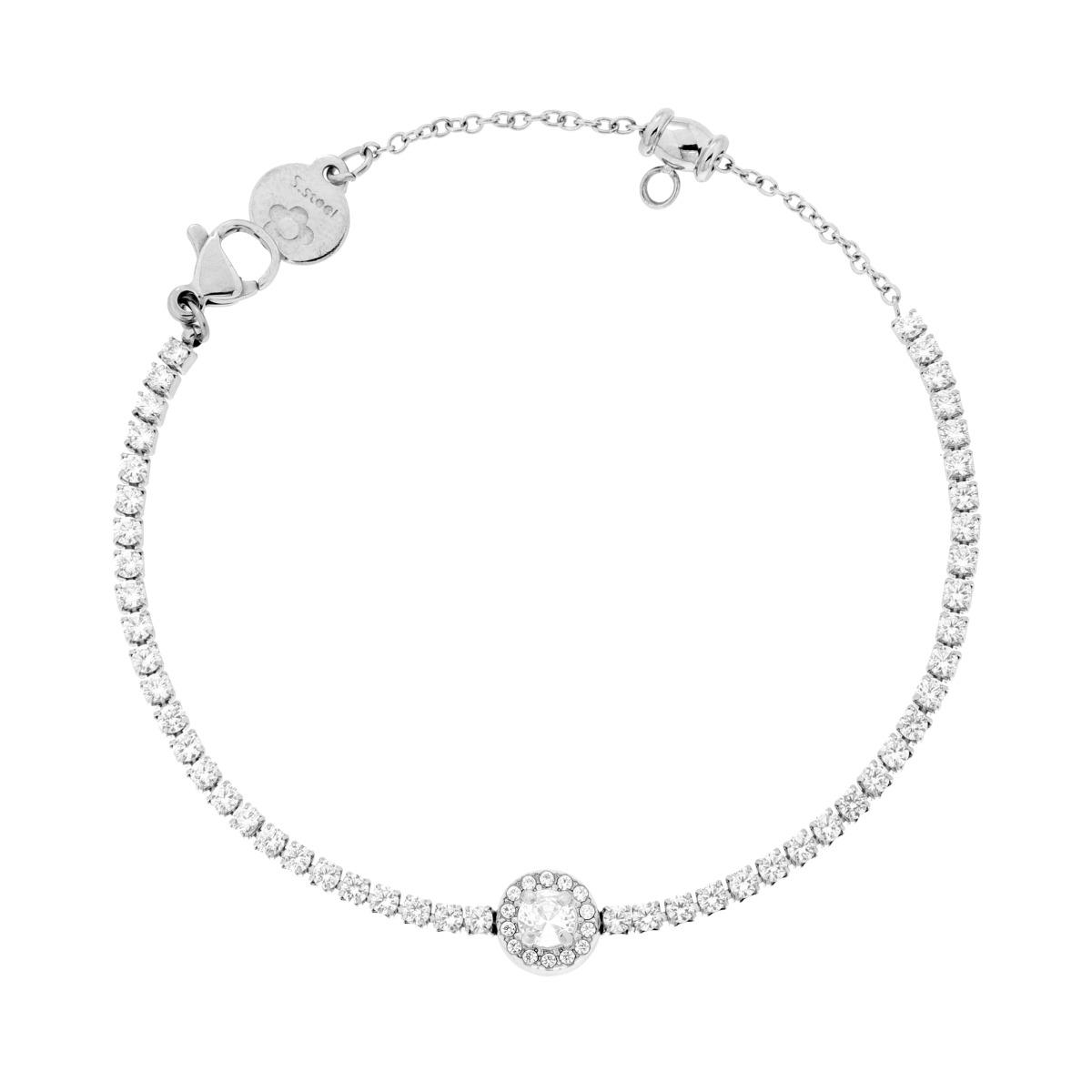 Bracciale Tennis con Tondo centrale mm 7.5 e Crystal Bianchi in ACCIAIO