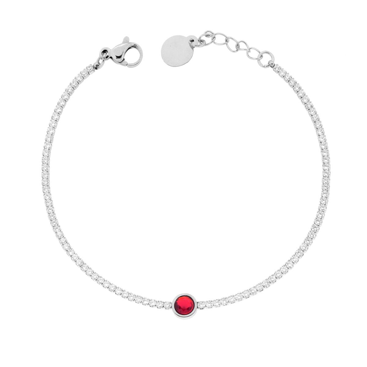 Bracciale Tennis con Tondo centrale Rosso Rubino e Crystal Bianchi cm 17+2 in ACCIAIO