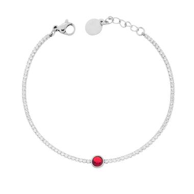 Bracciale Tennis con Tondo centrale Rosso Rubino e Crystal Bianchi cm 17+2 in ACCIAIO