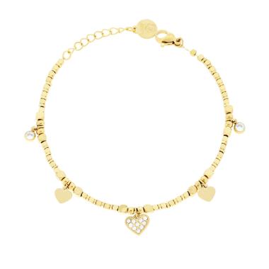 Bracciale Catena con Cubetti Cuori pendenti e Crystal Bianchi in ACCIAIO colore Oro