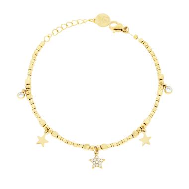 Bracciale Catena con Cubetti e Stelle pendenti e Crystal Bianchi in ACCIAIO colore Oro