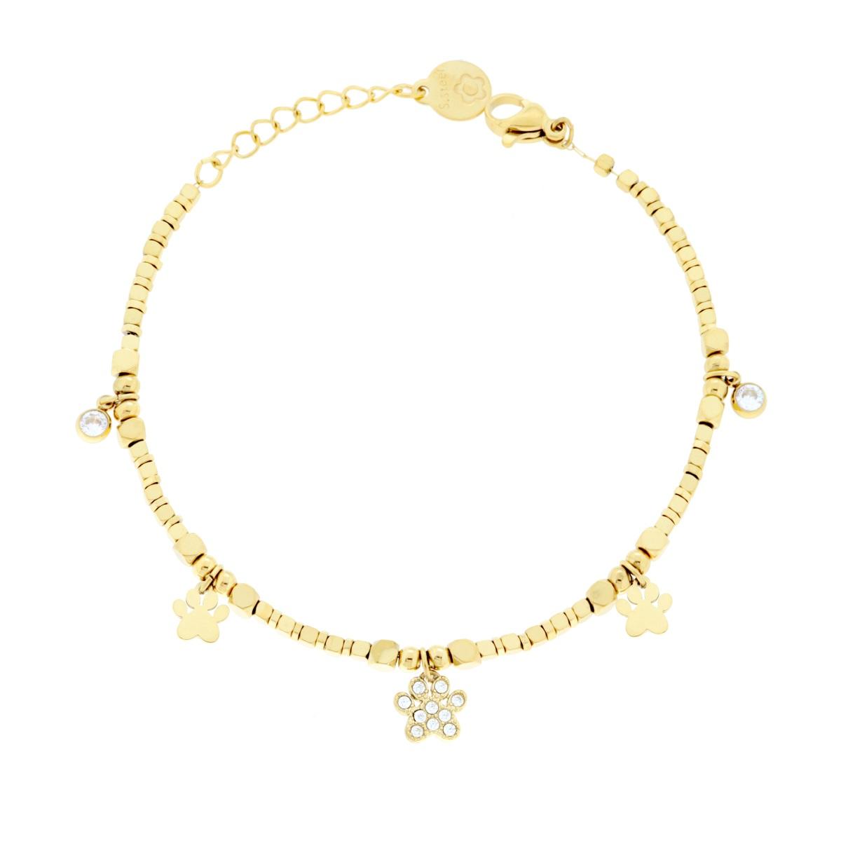 Bracciale Catena con Cubetti e Impronta Zampa pendenti e Crystal Bianchi in ACCIAIO colore Oro