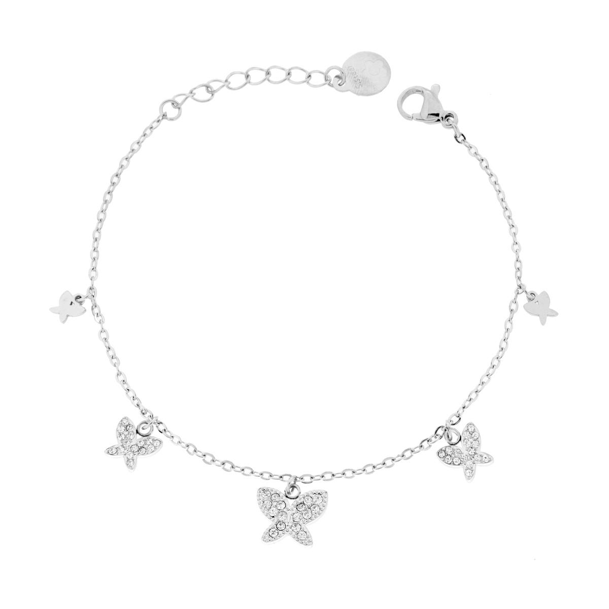Bracciale Catena Forzatina Diamantata con Farfalle con Crystal Bianchi in ACCIAIO