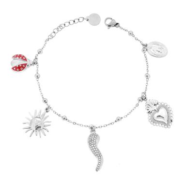 Bracciale Catena Forzatina Diamantata con Charms pendenti Cuore Votivo Sole Medaglietta Madonna Corno con Crystal bianchi e Coccinella con Smalto Rosso in ACCIAIO