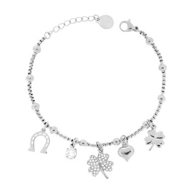 Bracciale Catena Veneziana Tonda con Charms Portafortuna Cuore Quadrifoglio e Ferro di Cavallo in ACCIAIO