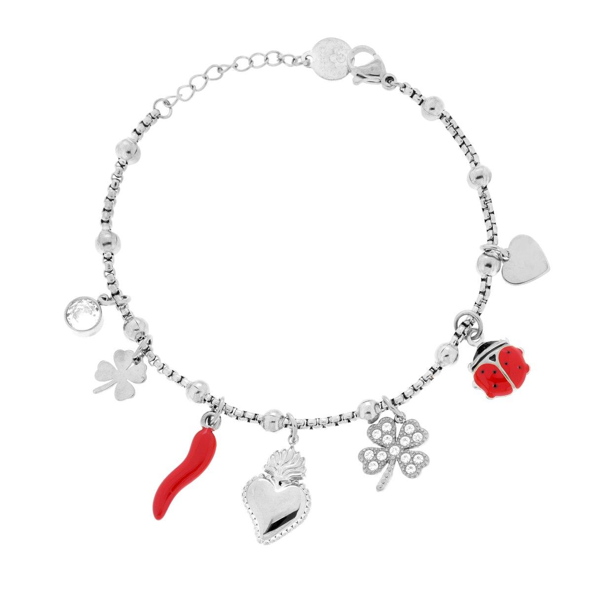 Bracciale Catena Veneziana Tonda con Charms Portafortuna Cuore Votivo Quadrifoglio Coccinella e Corno con Smalto Rosso e Crystal Bianchi in ACCIAIO