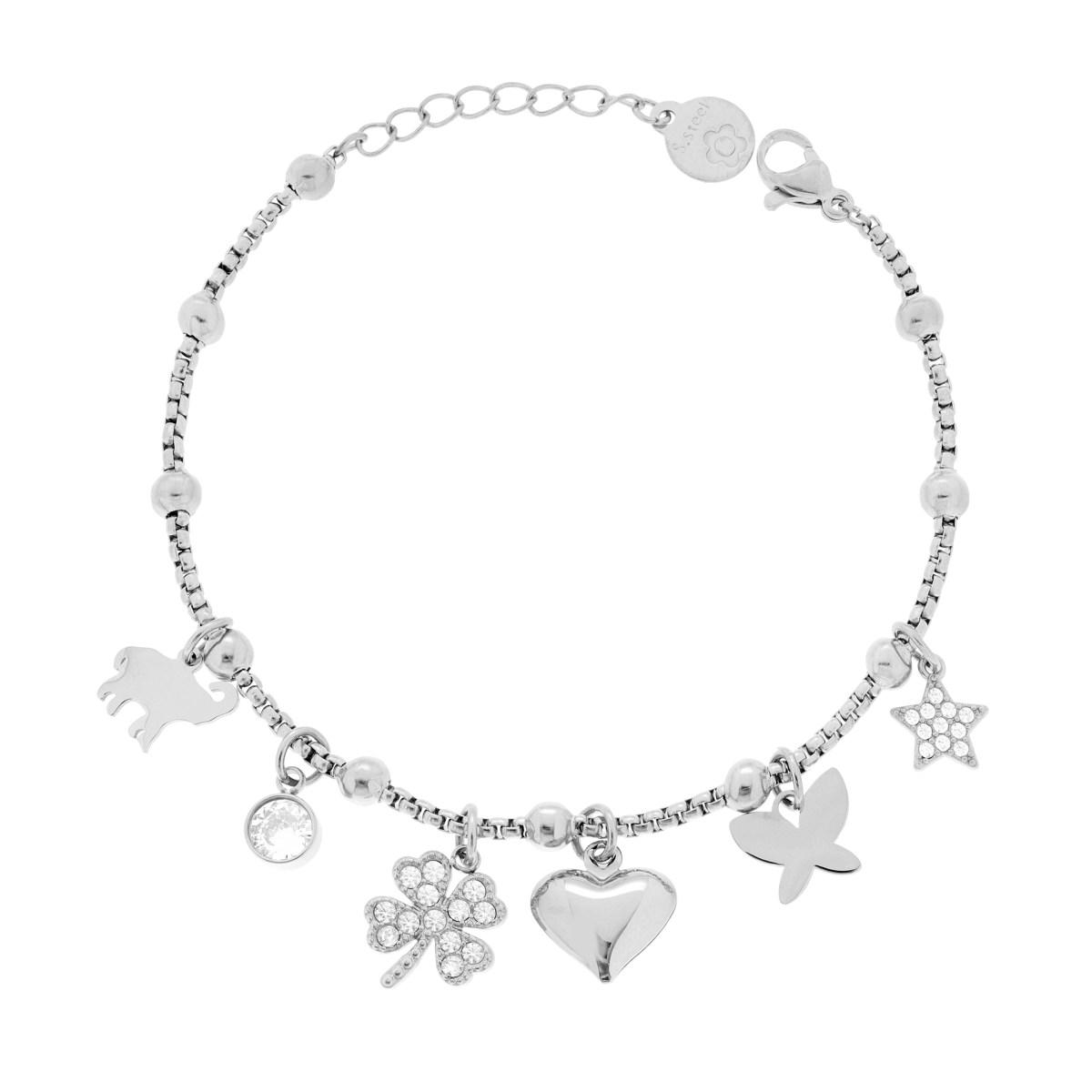 Bracciale Catena Veneziana Tonda con Charms Cuore Farfalla Elefante Stella e Quadrifoglio con Crystal Bianco in ACCIAIO