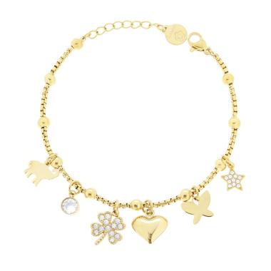 Bracciale Catena Veneziana Tonda con Charms Cuore Farfalla Elefante Stella e Quadrifoglio con Crystal Bianco in ACCIAIO colore Oro