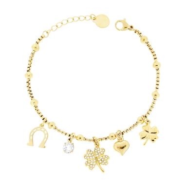 Bracciale Catena Veneziana Tonda con Charms Portafortuna Cuore Quadrifoglio e Ferro di Cavallo in ACCIAIO colore Oro