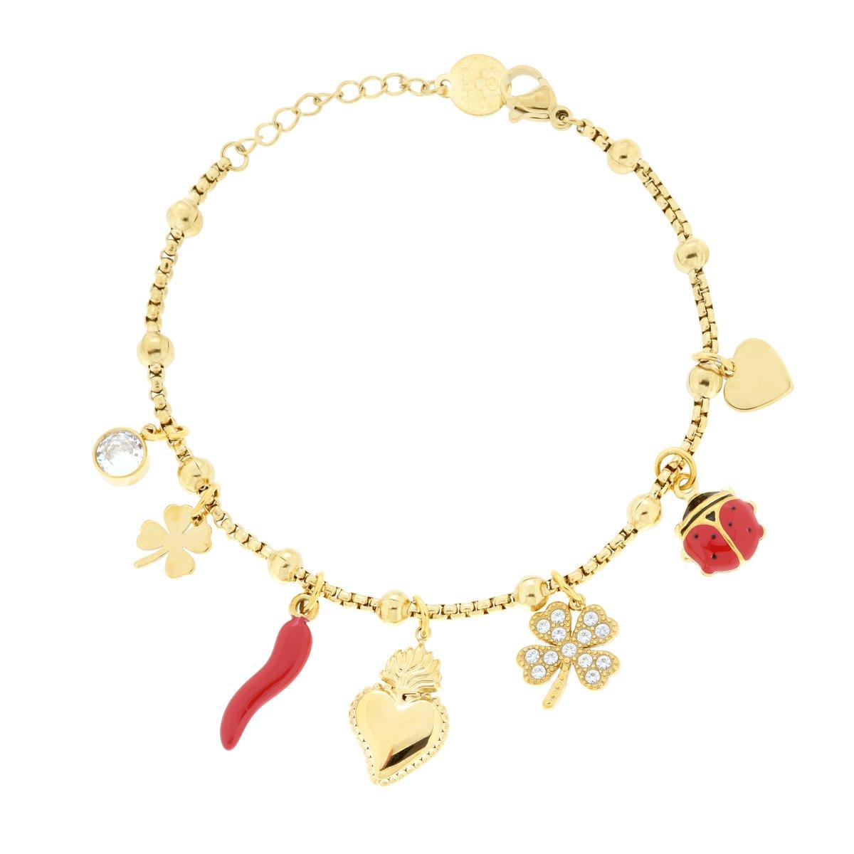 Bracciale Catena Veneziana Tonda con Charms Portafortuna Cuore Votivo Quadrifoglio Coccinella e Corno con Smalto Rosso e Crystal Bianchi in ACCIAIO colore Oro